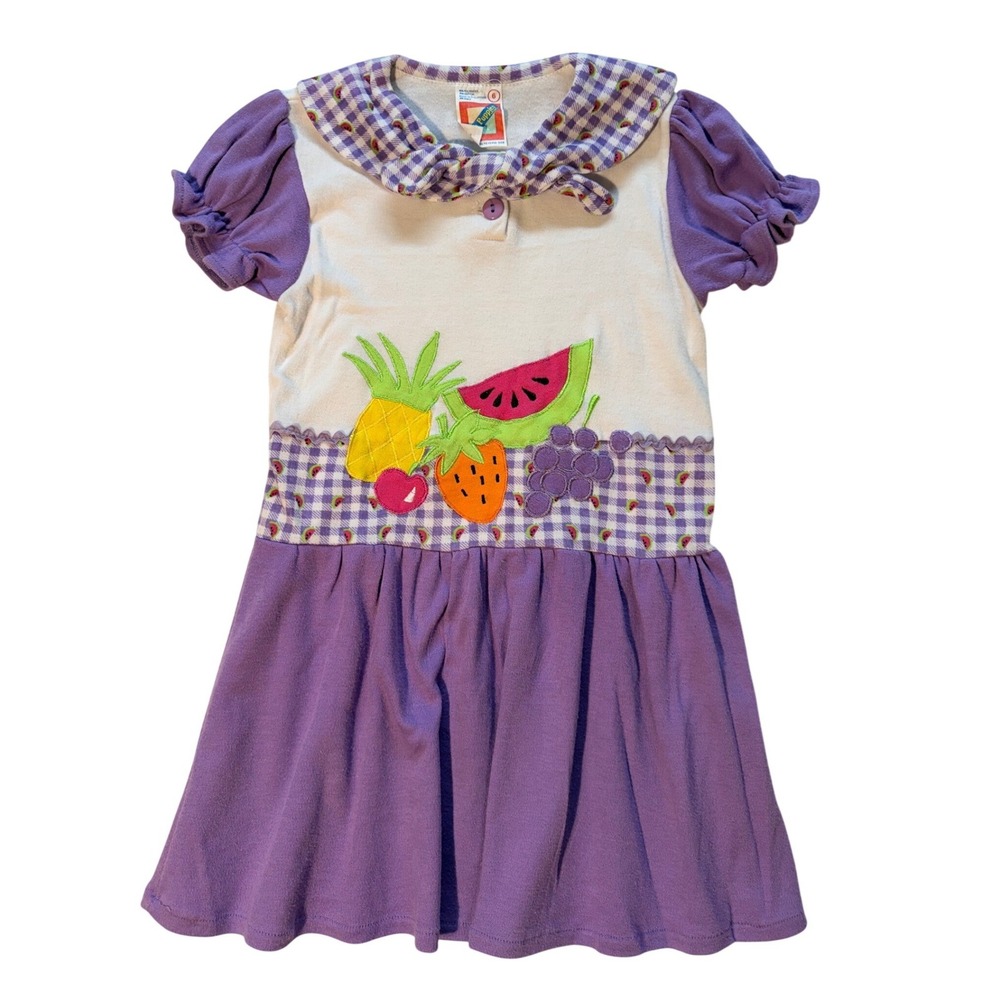 Vintage Hush Puppies‎ Girls Purple Fruit Applique Gingham Dress Size 6 Retro
